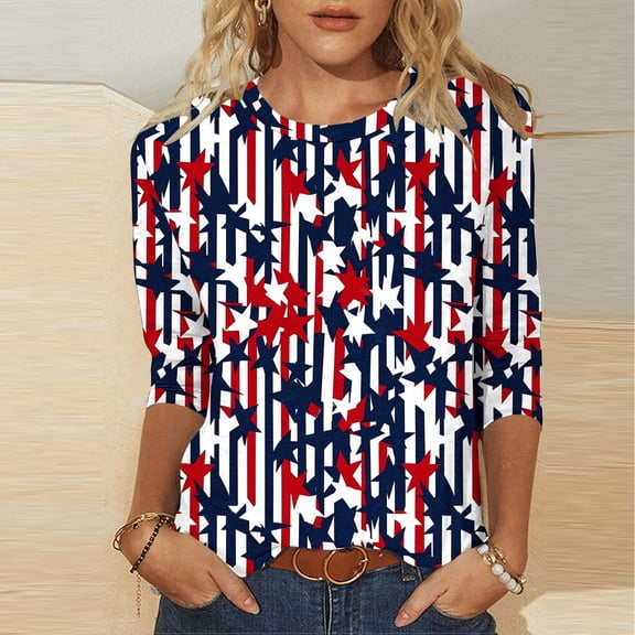 Aboser Memorial Day 3/4 Length Sleeve Tops for Women America 250th Anniversary Patriotic Shirts Independence Day Holiday T Shirt