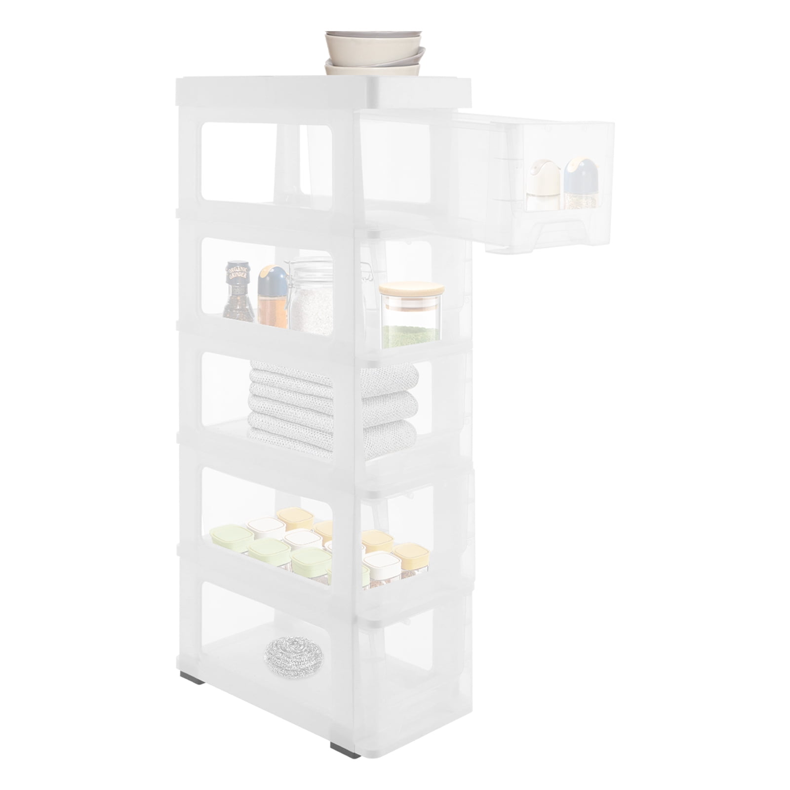 ToppiJoy 5 Drawers Narrow Bathroom Storage Cabinet, Storage Cabinet with Movable Wheels for Bathroom, Bedroom (White, Clear)