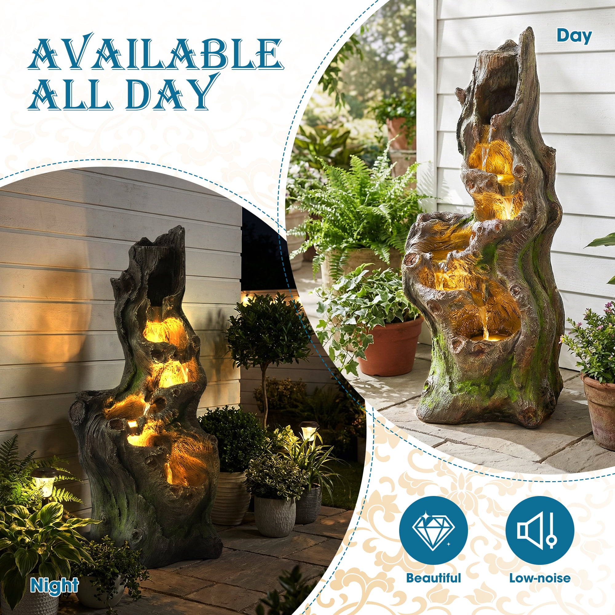 Haverchair 40''H Cascading Rock Water Fountain, 6-Tier Outdoor Garden Waterfall with Flower Pot & Lights, Indoor Water Feature Tree Trunk Look Decor for Garden, Patio, Backyard, Porch Home Art Decor