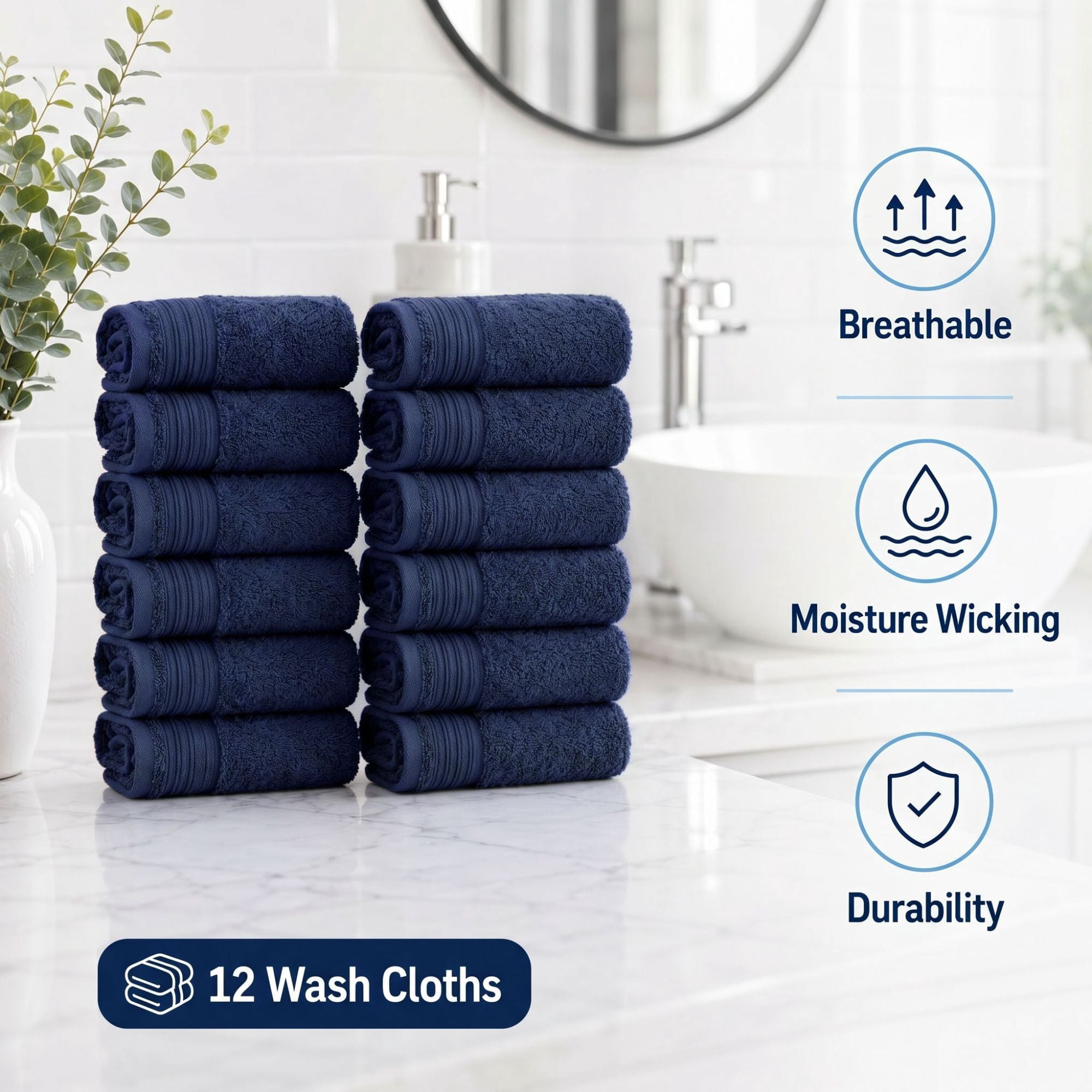 Superior Solid Jacquard Cotton Face Towel Set, 12-Pack, Navy Blue - Ivory