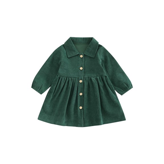 Canrulo Toddler Baby Girls Corduroy Dress Solid Color Long Sleeve Turn-Down Collar Button Down Dress Fall Winter Outfits Dark Green 3-4 Years
