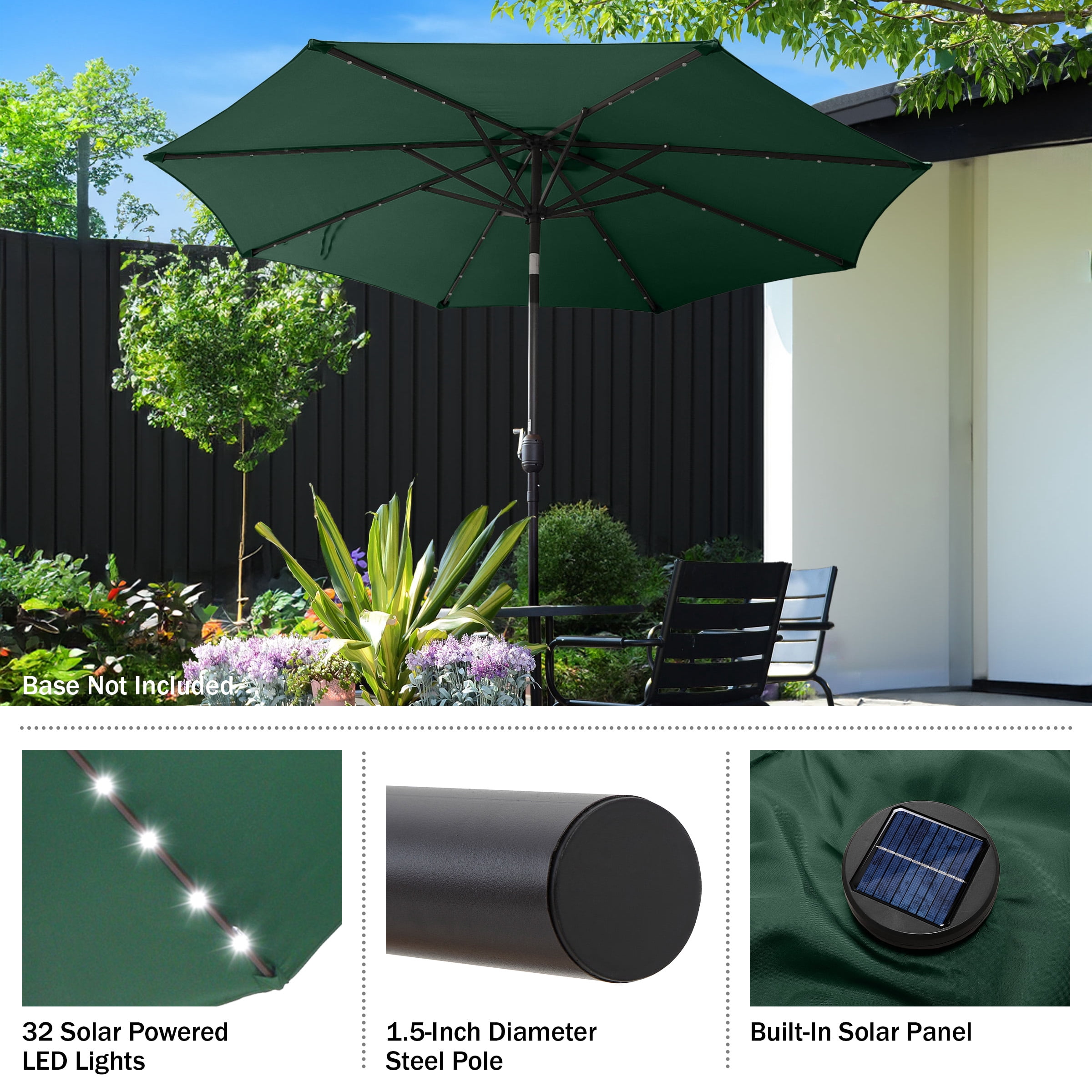 Villacera 9' LED Lighted Outdoor Solar Powered Patio Umbrella with 8 Steel Ribs, Forest Green