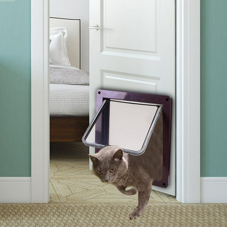 Durable Cat Dogs Flap Doors Kitten Gate 4 Ways Locking Tunnel Replacement Lockable Pets Door for Screen Window Exterior Interior Puppy Doggie Brown