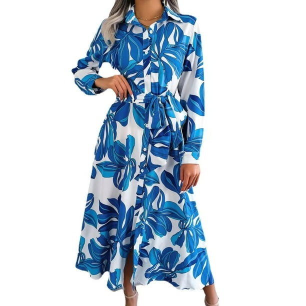 Vestido largo elegante informal de verano y primavera con botones y manga larga para mujer, tipo cárdigan, para cubrirse, con flores, tallas M a XXL
