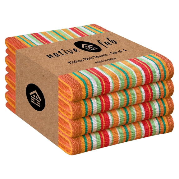 Native Fab Mexican Salsa Stripe Dish Towels, 4 Pack, 18x28", Super Absorbent, 100% Cotton Kitchen Towels for Drying, Reusable and Durable Washable Towels for Everyday Cooking and Cleaning, Orange