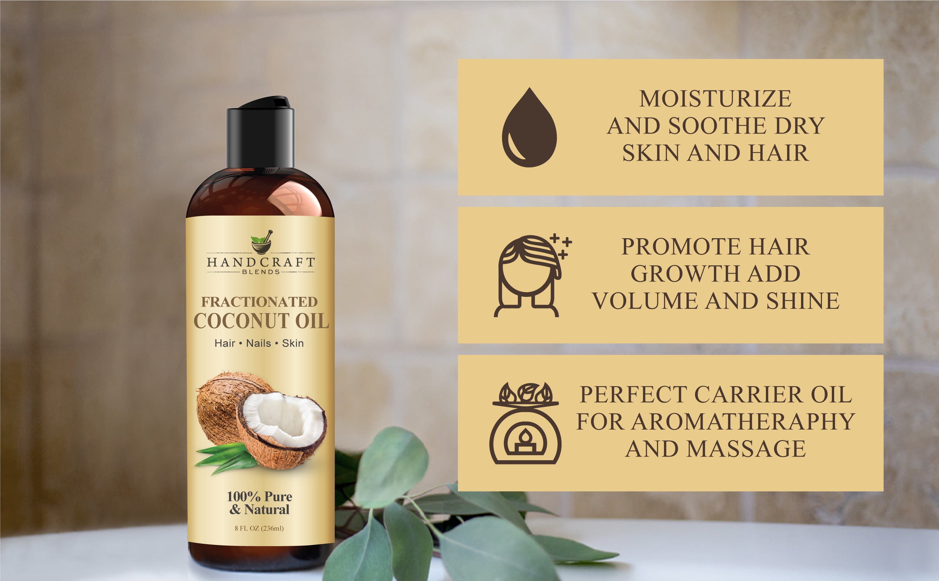 Handcraft Blends Fractionated Coconut Oil for Skin, Hair and Body, Premium Grade Carrier Oil, 8 oz
