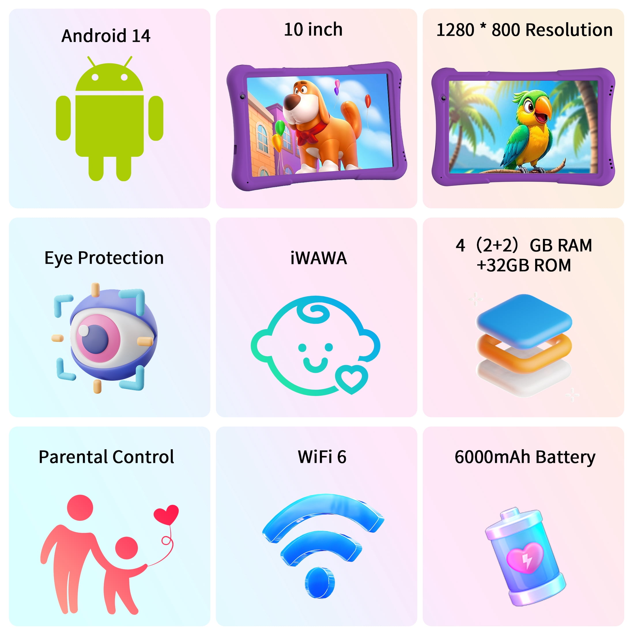 QunyiCo Kids Tablet 10 inch,Android Tablet for Kid,4GB RAM 32GB ROM,Quad Core Processor,Parental Control,1280 * 800 Resolution,6000mAh Battery,Purple