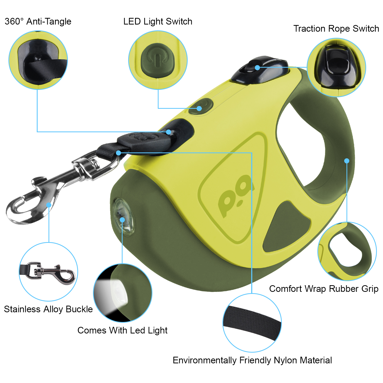 HOOTEK Retractable Dog Leash with LED Light, 16ft Heavy Duty Dog Leash with Anti-Slip Handle and 360° anti-tangling, One Button Brake & Lock Dog Leash for Small/Medium/Large Dogs Up to 50lbs, Green