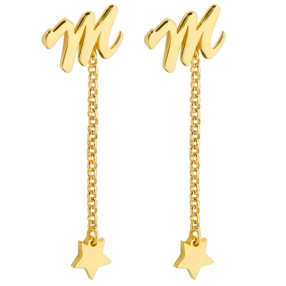 Personalized Planet Women's Script Initial Earring with Star Dangle Button Drop Earrings