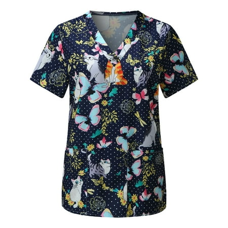 

NEGJ Women Animal Print Casual Short Sleeve V-neck Carer Top