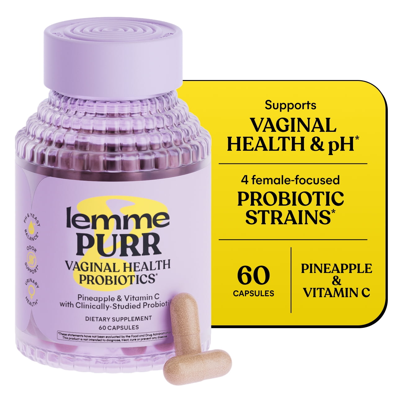 Lemme Purr Vaginal Probiotic Capsules for Women - Promotes pH Balance, Healthy Vaginal Odor & Urinary Tract Health w/Lactobacillus Blend, Clinically Tested Strains, Pineapple & Vitamin C, 60 Count