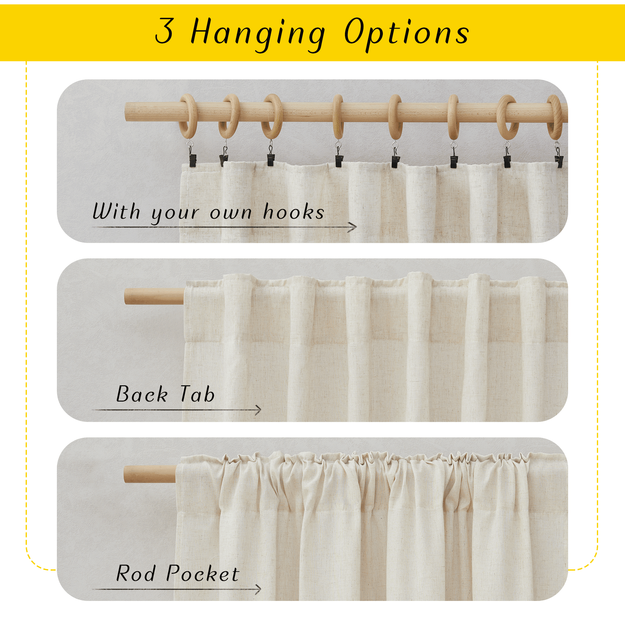 NICETOWN Living Room Linen Curtains 95 inch Length 55" Wide, 2 Panels Set, Natural color, Rod Pocket & Back Tab Privacy Added with Light Filtering Linen Curtains & Drapes for Home Office