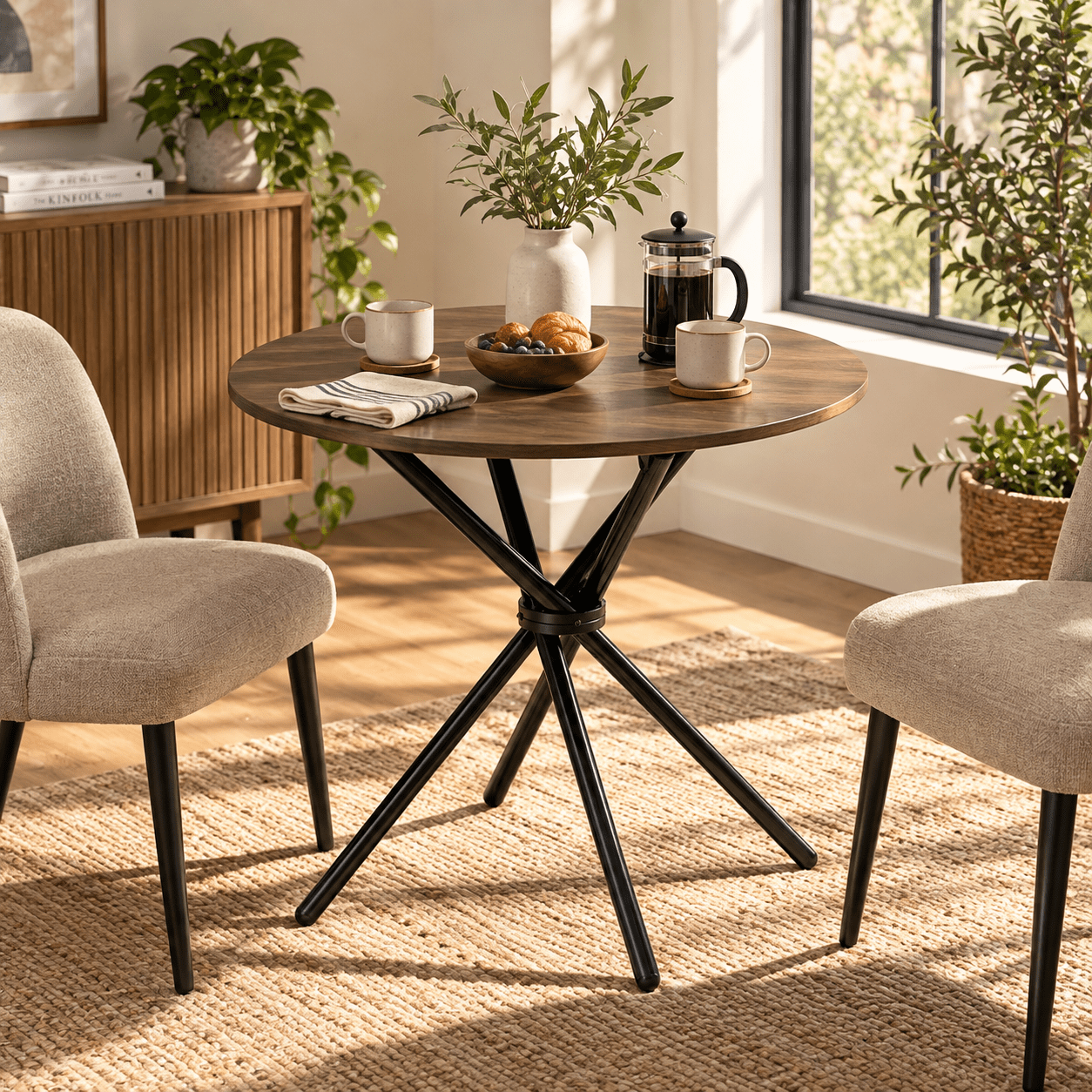 Homy Casa 31.5 in Round Dining Table for 2-4, Small Space Kitchen Table with Metal Legs, Walnut Brown