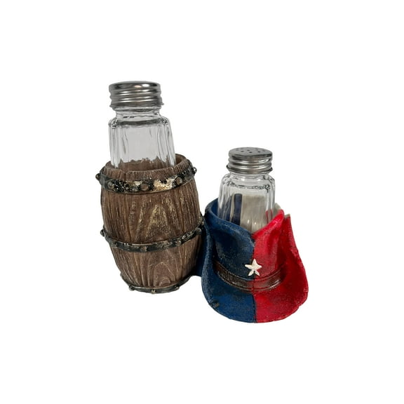 Urbalabs Western Texas Flag Cowboy Hat and Barrel Salt and Pepper Shaker Caddy Western Kitchen Decorations Kitchen Ranch Decorations Rustic Cowboy Decor Hand Painted