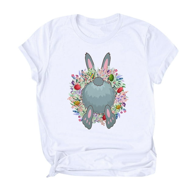 RKSTN Hauts pour Femmes 2024 Mode Pâques Mignon Lapin Imprimé Col Rond Hauts Coupe Ample Manches Courtes Blouse Unie Hauts