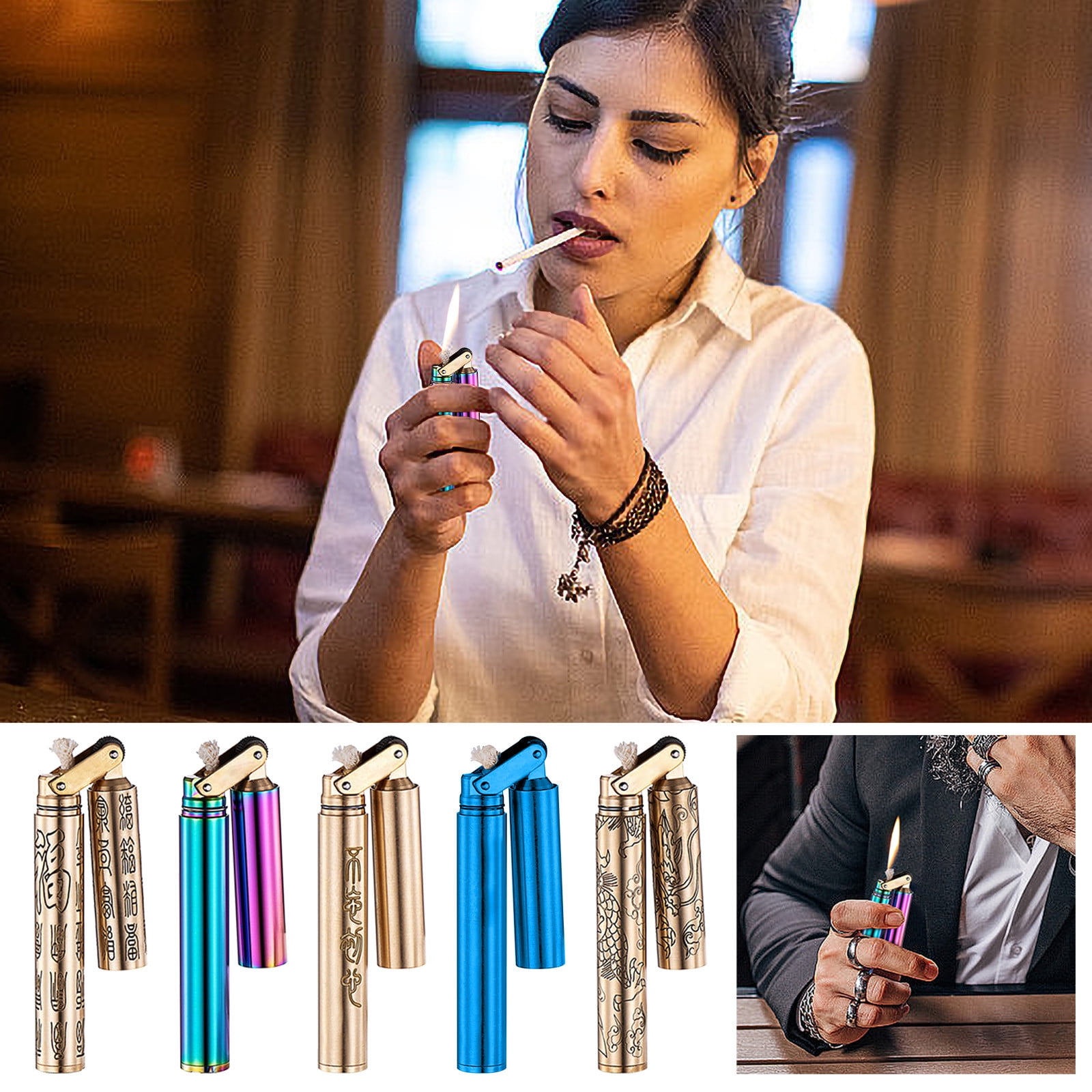 Uscallm 8Pcs Personalized Vintage Brass Kerosene, Personalized Slim Mini Vintage Lighter, Unique Brass Double Cut Stick Design, Portable Pocket Flame Gadget, Trendy Retro Fire Starter Gift