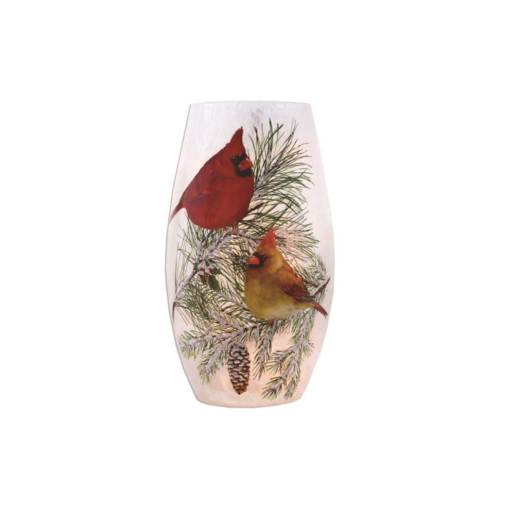 Stony Creek 7 Lighted Vase Cardinal with Berries Frosted Glass