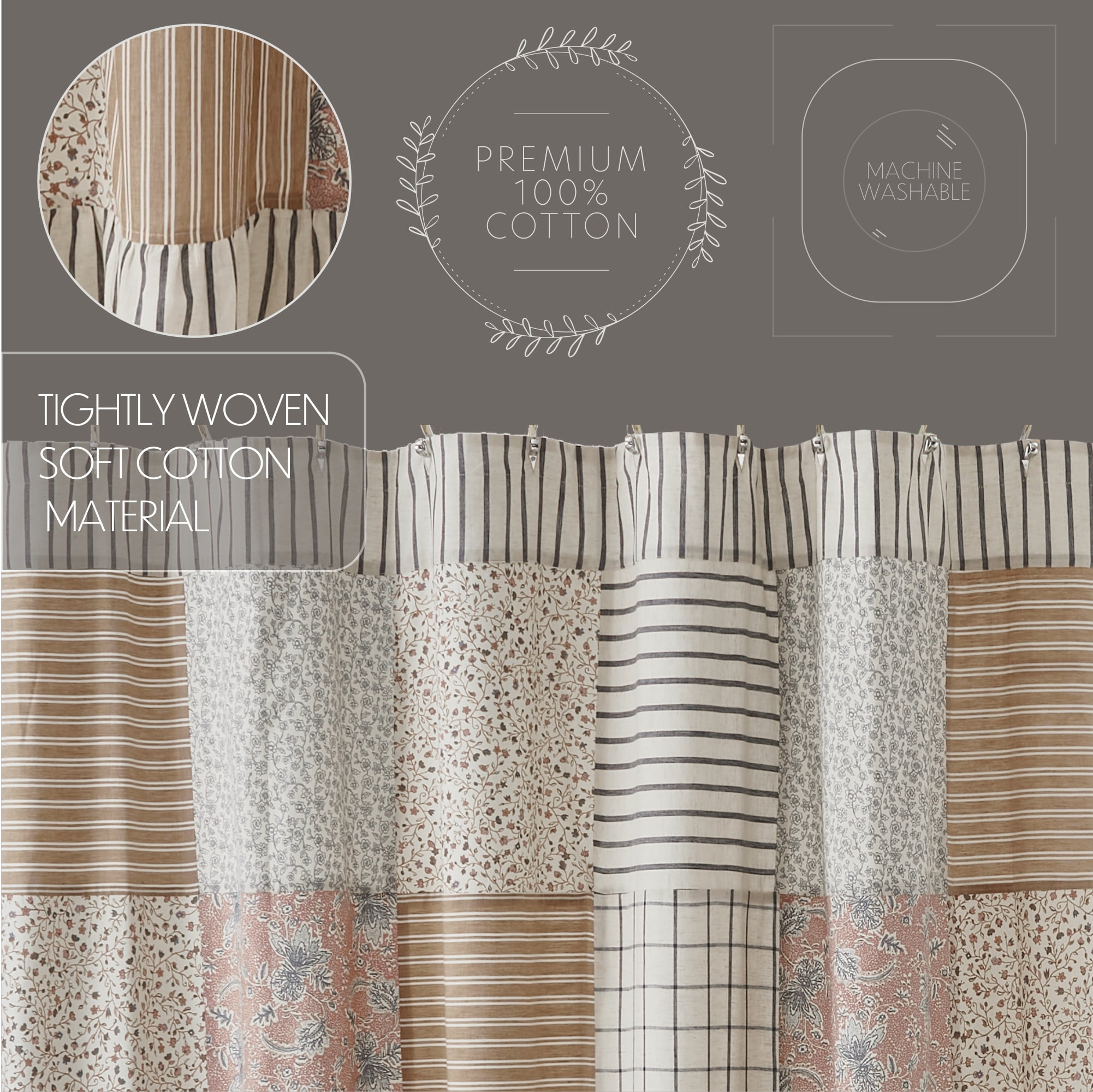 VHC Brands Kaila Country Cottage Farmhouse Floral Stripe Patchwork Shower Curtain 72x73