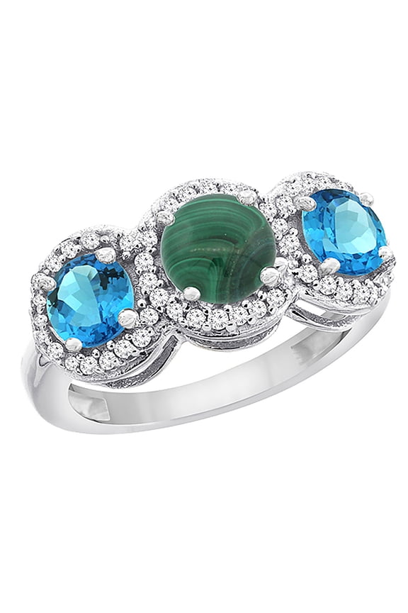 14K White Gold Natural Malachite & Swiss Blue Topaz Sides Round 3-stone Ring Diamond Accents, size 9