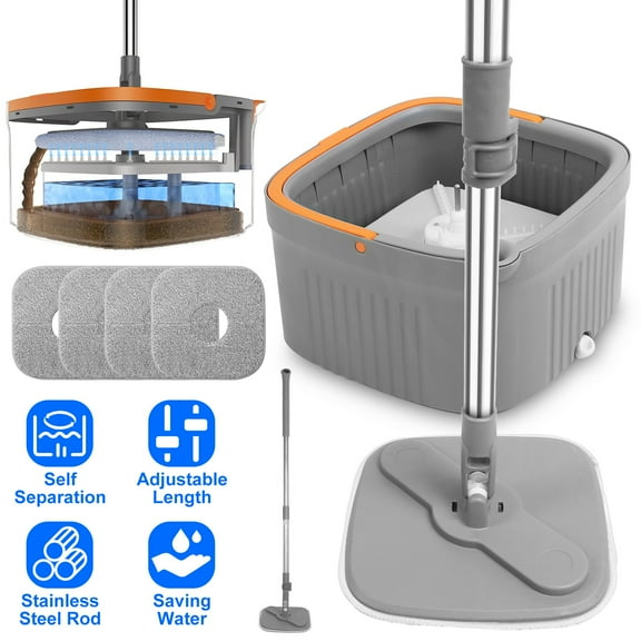 Imountek Spin Mop and Bucket Set with 4 Washable Microfiber Pads, Dual-Compartment Bucket for Floor Cleaning