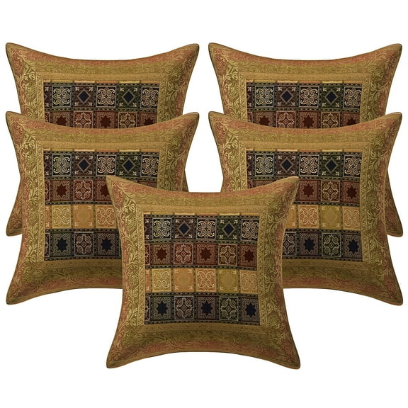 Stylo Culture Ethnic Settee Sofa Throw Pillow Covers 16x16 Jacquard Gold Traditional 40x40 cm Home Decor Brocade Floral Zippered Square Cushion Covers | Set Of 5