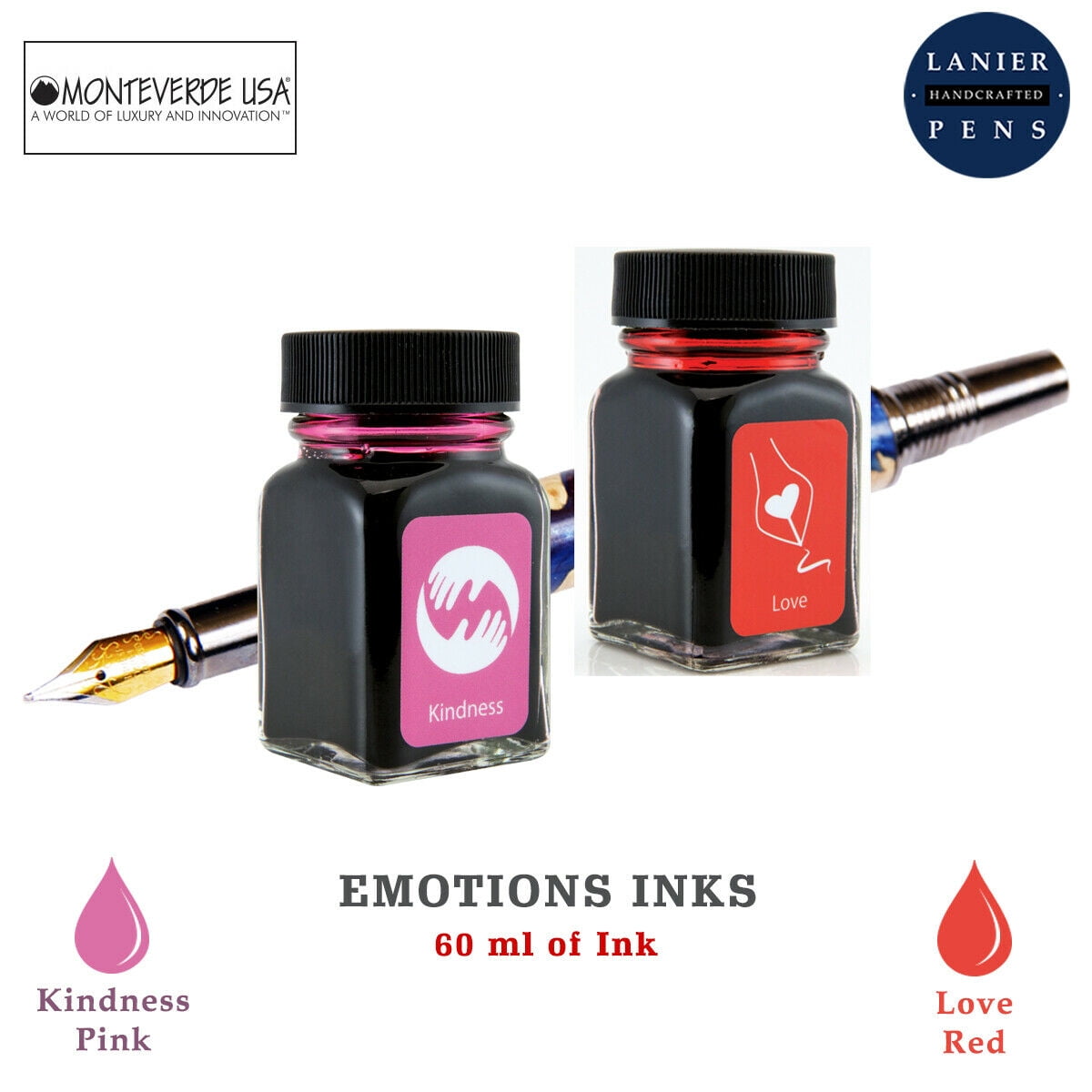 Monteverde 60ml Emotions Fountain Pen Ink Bottle (30ml Kindness Pink Ink Bottle G309KP, 30ml Love Red Ink Bottle G309LR)