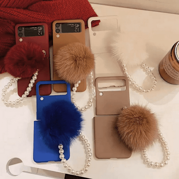 CASE For Samsung Galaxy Z Flip 3 5G Frosted Pure Color Pearl Chain Ball PC Phone Case Cover