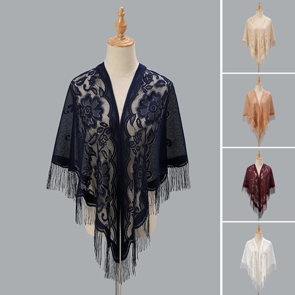 AYYUFE Women Party Shawl Flower Embroidery Hollow Out Tassel See-through Solid Color Clothes Matching Cardigan Lightweight Summer Prom Scarf Lady Clothes