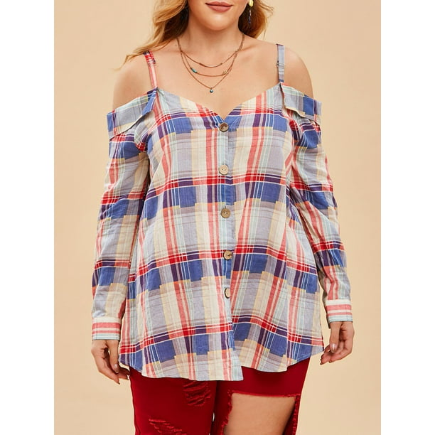 Blusa de hombros fría a cuadros de talla grande Rosegal Blusas Tallas Grandes