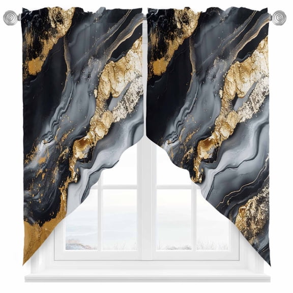 Abstract Marble Texture Swag Valances for Windows 2 Pack Black Gold Crack Gradient Swag Kitchen Curtains 36 Inches Long Rod Pocket Short Window Treatment for Kitchen Bathroom 28"x36"