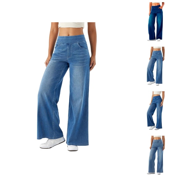 Women Jeans 2026 Fashion Wide Leg Straight Leg Stretchy High Waisted Loose Fit Denim Pants with Pockets