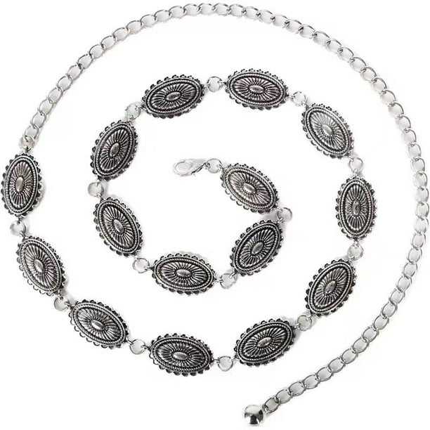 Cadena de plata antigua con relieve de estilo étnico retro, cadena de cintura de metal que combina con todo, cadena de cintura decorativa para pantalones de vestir
