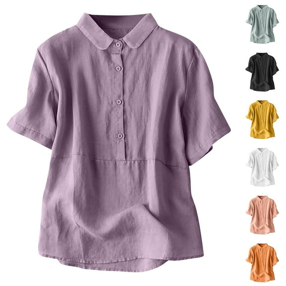 FRSASU Womens Short Sleeve Solid Color Casual Lapel Button Down Shirts Summer Soft Fashion Cotton Linen Blouses Tops Yellow