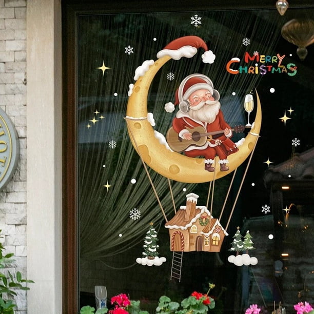Pegatinas de ventana de decoración navideña, calcomanía de cristal de Papá Noel, árbol de Navidad, póster de Año Nuevo, 2024