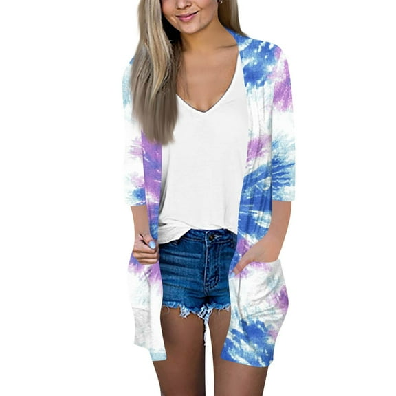 GXIPO Women's Open Front Cardigans Lightweight 3/4 Sleeve Summer Soft Drape Cardigan with Side Pockets Tie Dye Blue 2XL