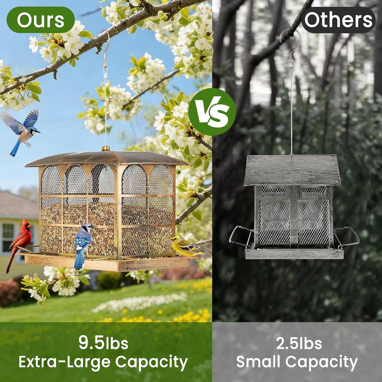 Large Bird Feeder, Heavy Duty Metal Bird Feeders for Outdoor Hanging, 9.5LB Seed Capacity Wild Birdfeeder for Outside Garden Decoration