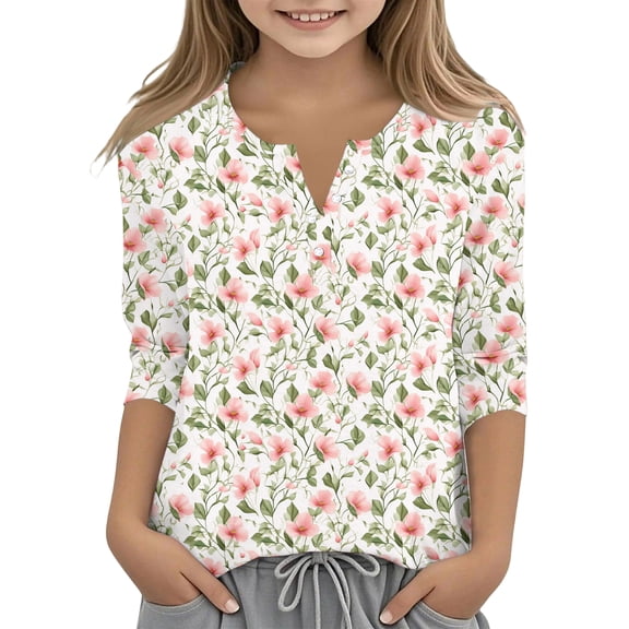 Abcomgle Tshirts for Kids Girls Button Down Vintage Floral Print Tshirt Henley 3/4 Sleeve Toddler T-Shirt Summer Cute Cotton Toddler Tops Girls