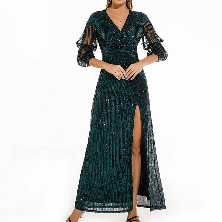 Qatainlav Wedding Guest Dresses for Women Elegant Sequin Glitter Cocktail Dress Mesh Patchwork High Slit Party Dress Masquerade Ball Gown Camisas Para