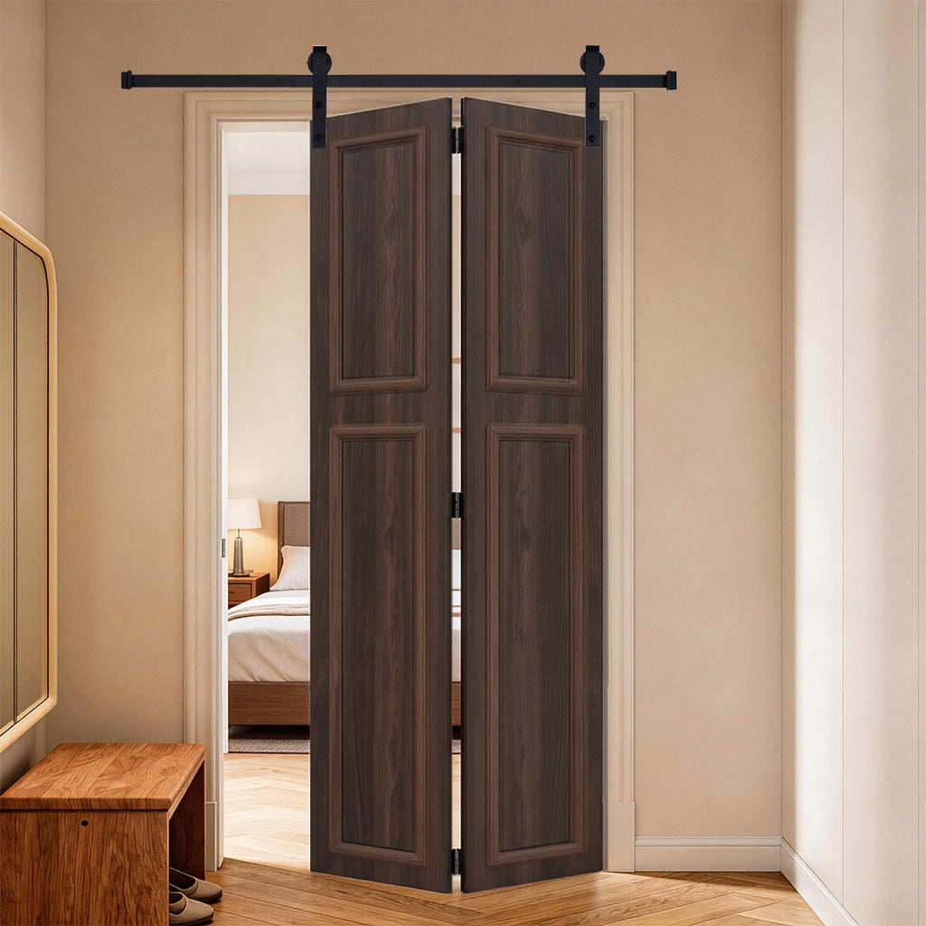 3/4 Inch Thickness 2-Panel Walnut Color Finished Mdf Bi-Fold Door With Barn Door Hardware, 18 Series 44in.x78 in.