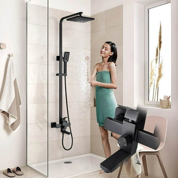 Matte Black Exposed Shower Faucet System set Rainfall Head Combo with Tub Spout