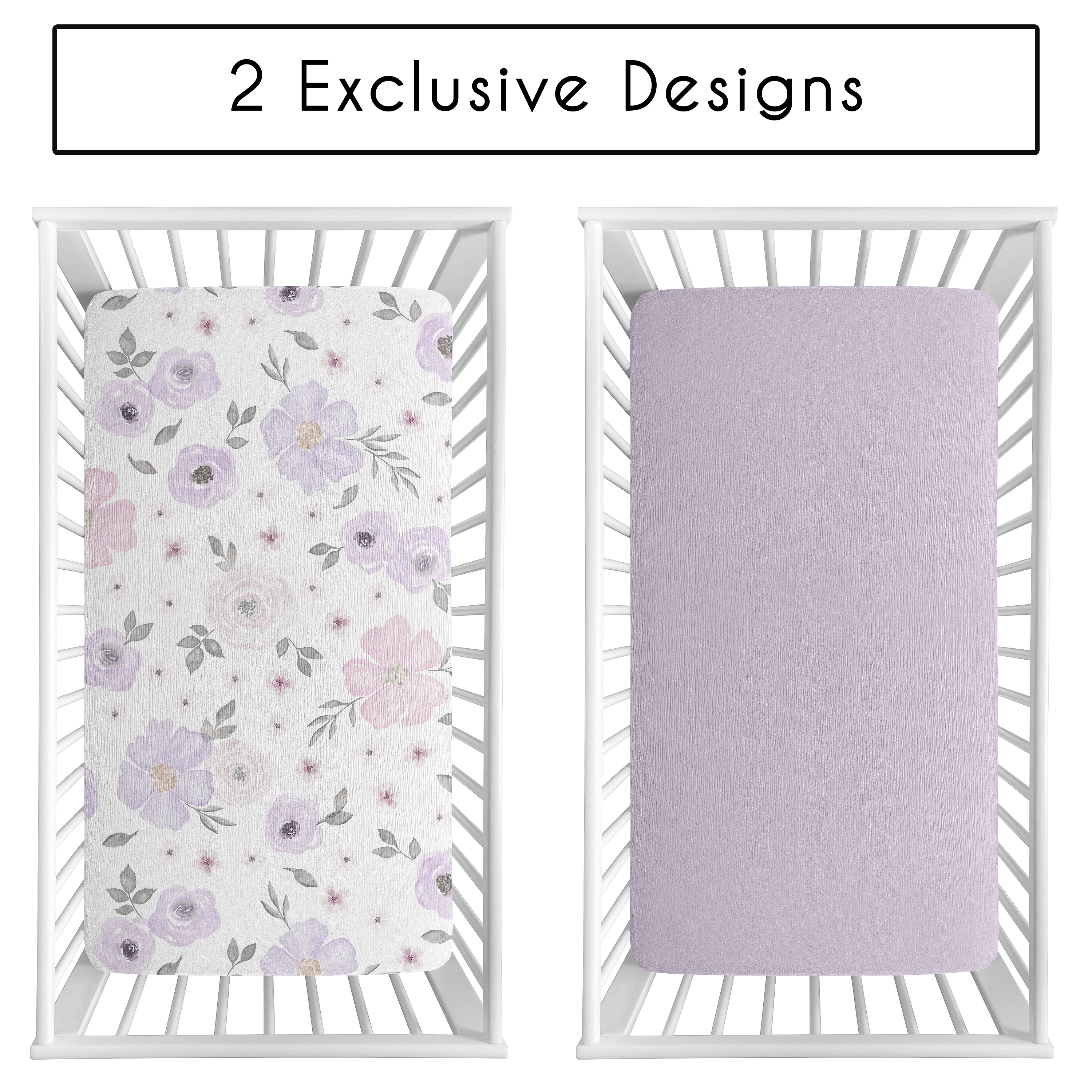 Sweet Jojo Designs Watercolor Floral Lavender and Grey Girl 100% Cotton Muslin Fitted Crib Sheets Set 2 Piece