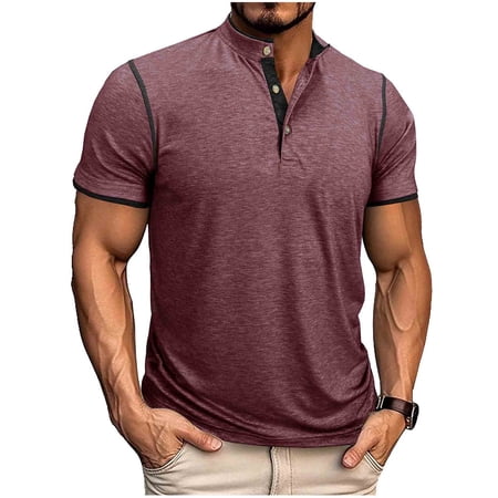YLSDY Men s Solid Stand Collar Button Short Sleeve Golf Shirt Casual Fashion Classic Top Wine S