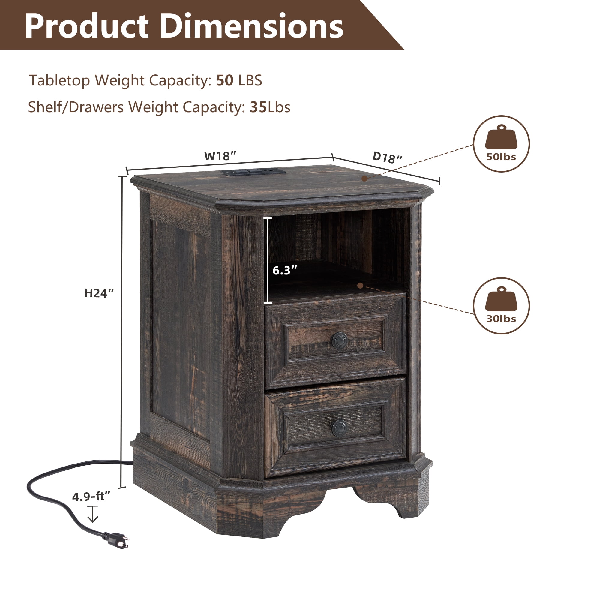 OKD Farmhouse Nightstand with Charging Station, End Table with 2 Drawers for Living Room, Side Table, Dark Rustic Oak