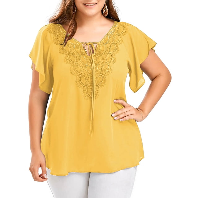 Innerwin T Shirt Solid Color Ladies Chiffon Tops Holiday V Neck Plus Size Tunic Blouse Yellow 3XL