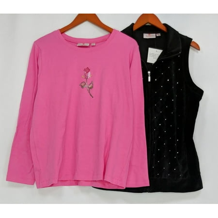 Quacker Factory Women's Sweater Sz L Sparkle VelourVest Rhinestud Black A92078