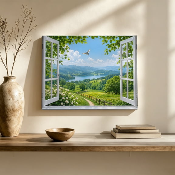 Window Serene Canvas Wall Art, Summer Green Pasture Flying Bird Lake Flower Sky Blue Wall Art Prints Artwork Framed Canvas Ready to Hang Art Pictures for Large Dining Living Room Hallway 36" x 24"