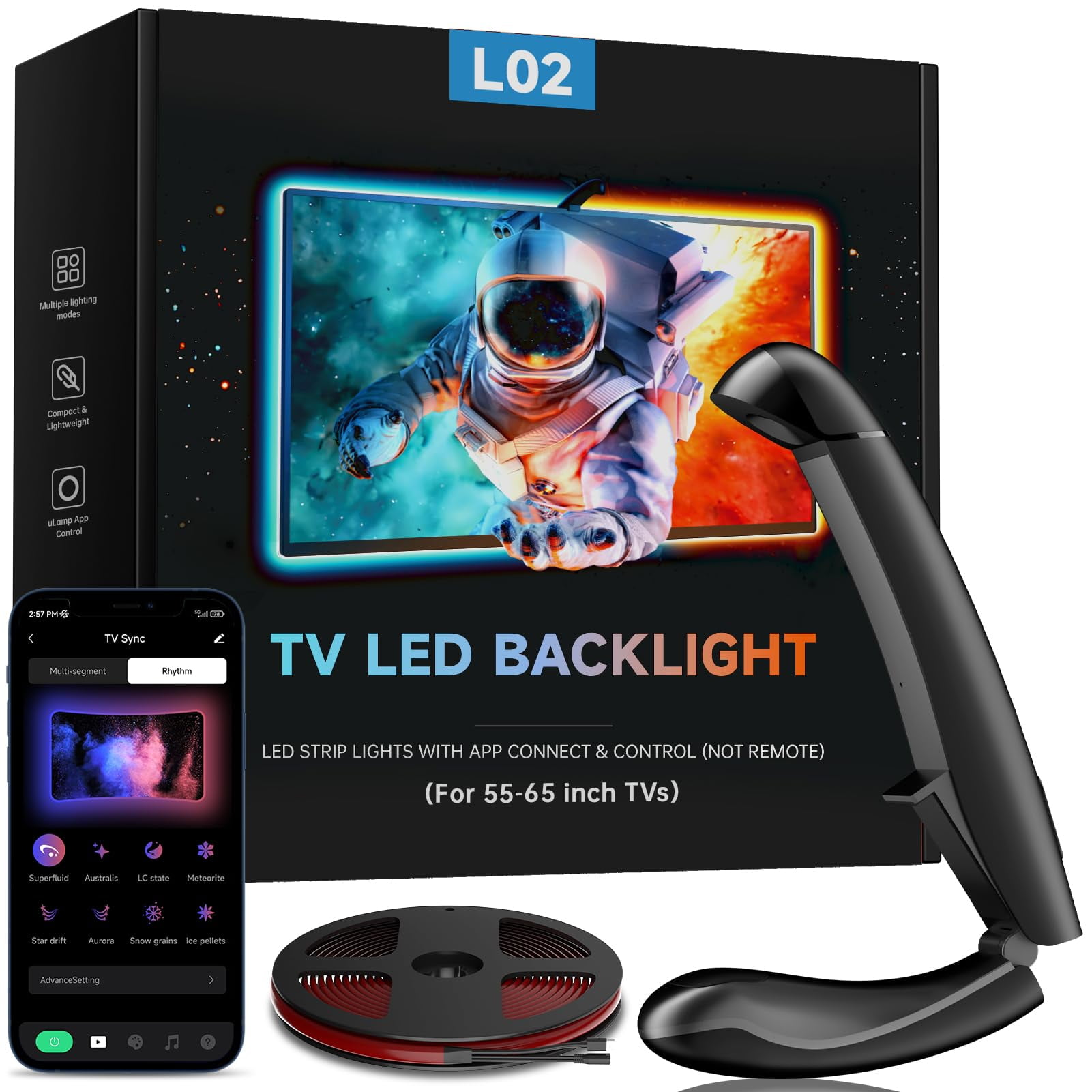 Soifcik 14.76ft TV LED Backlight with Screen Sync Sensor, App Control RGB Strip for 55-65" TVs, Game & Movie Color Changing