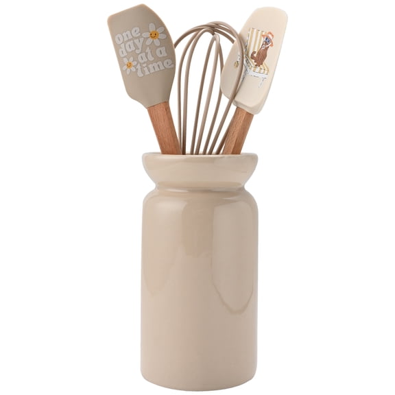 Cook With Color Ceramic Mini Crock Kitchen Utensil Set, Tan
