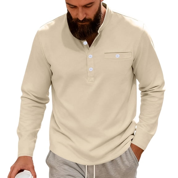 IYTR Long Sleeve Shirt for Men V Neck Button Up Collarless Solid Color Breathable Pullover with Chest Pocket (Beige,XXXL)