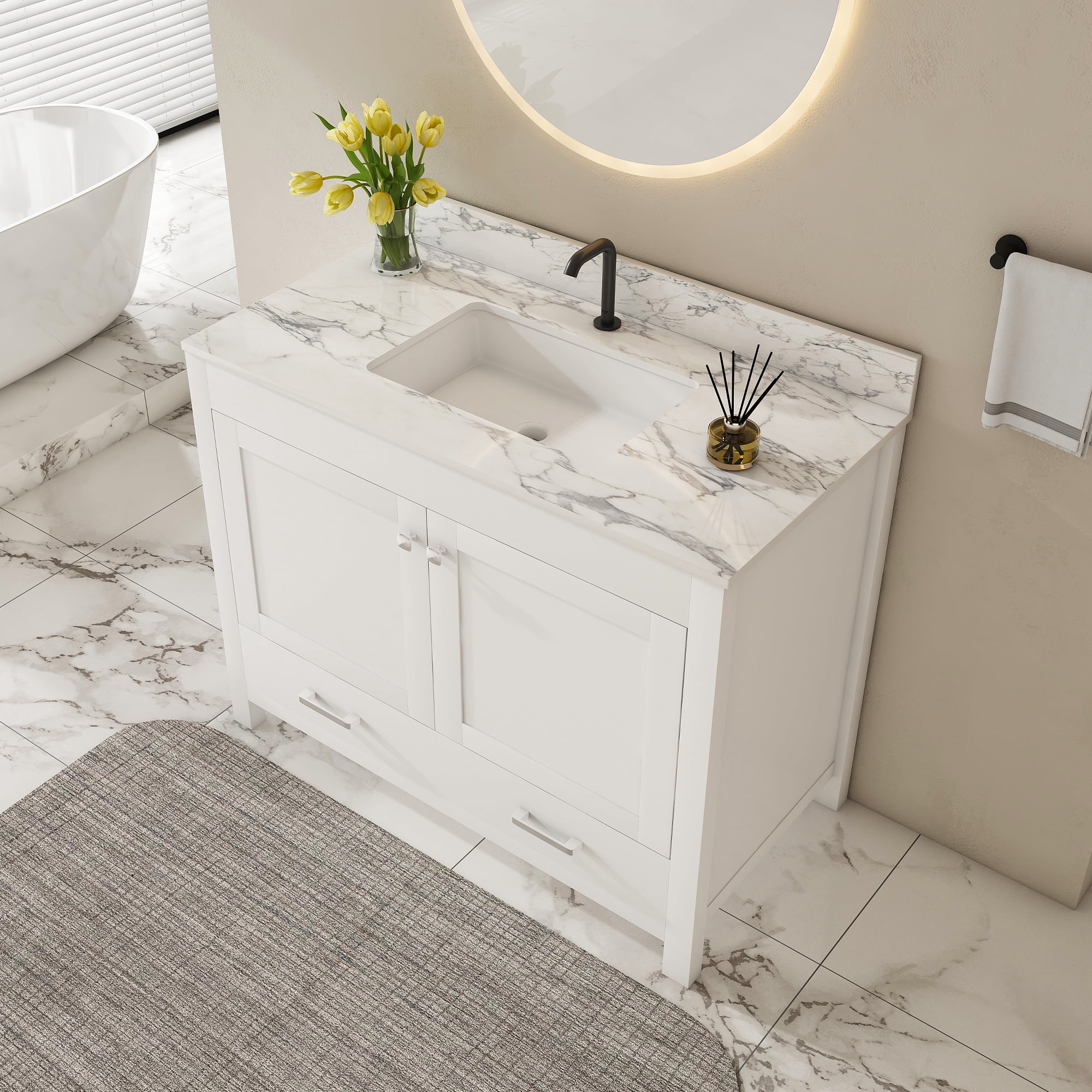 Mintazer 43 Inch Bathroom Vanity Cabinet with Sink, Bathroom Storage Vanity with Drawer & Single‑Hole Ceramic Sink Sintered Stone Countertop, Backsplash for Bathroom, White